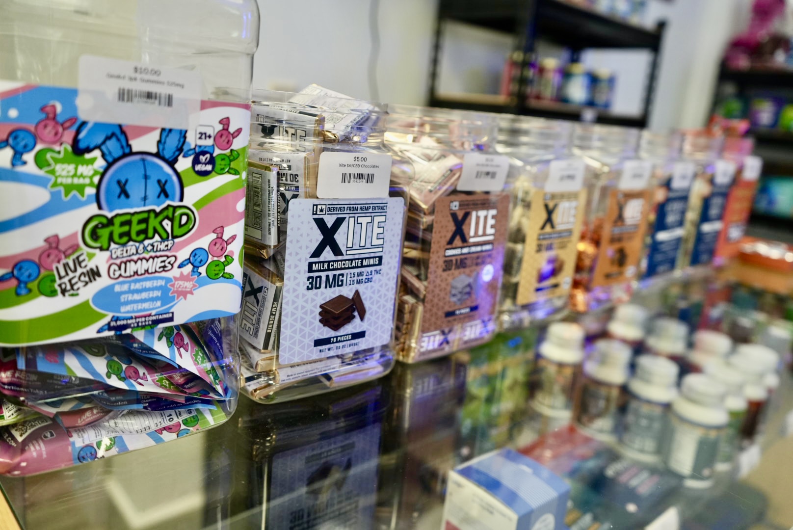 THC gummies product display in store